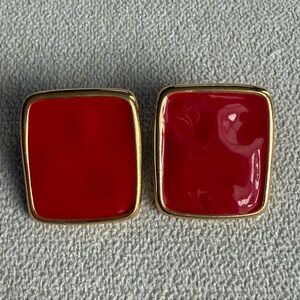 Vintage 80’s MONET Red Clip-On Earrings | Gold Tone Square Statement